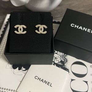 Chanel Gold CC Pearl & Crystal Stud Earrings - AUTH
